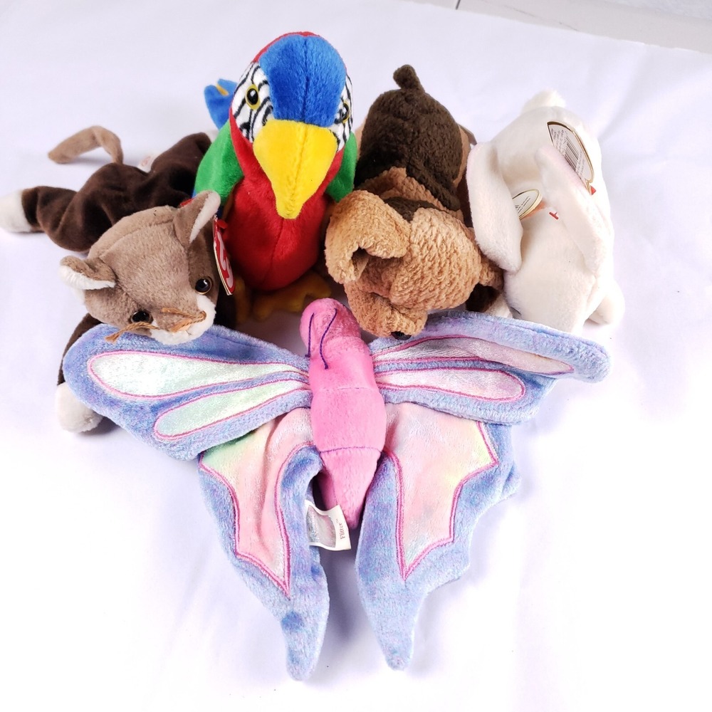 Lot of Beanie Babies - Flitter, Nibbler, Tuffy, Jabber, Pounce, and more 1996